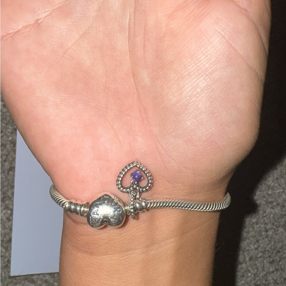 Pandora Moments Heart Clasp Snake Chain Bracelet with an amethyst charm